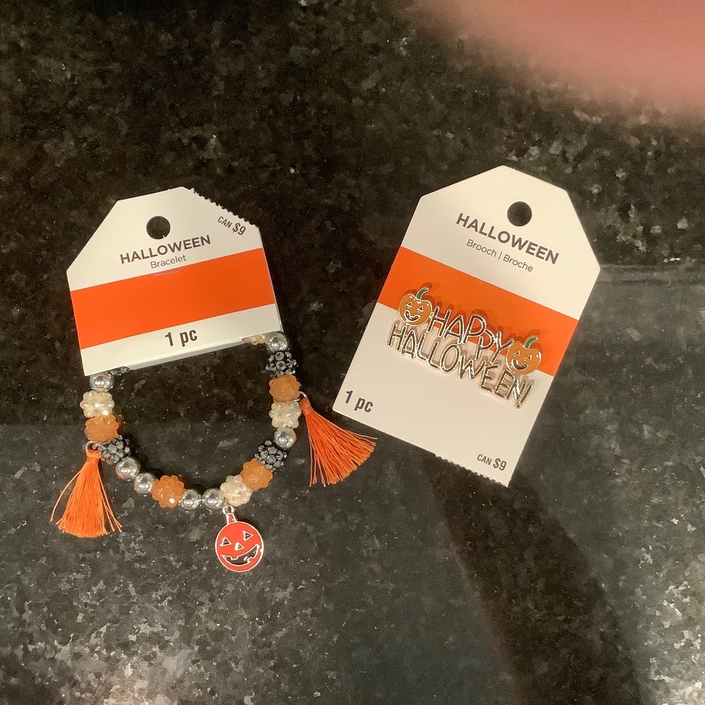 Halloween Beaded Bracelet and "Happy Halloween" Brooch/Pin